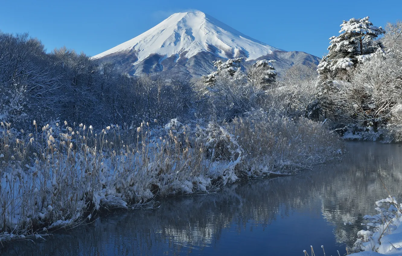 Photo wallpaper winter, the sky, snow, trees, nature, river, mountain, Japan