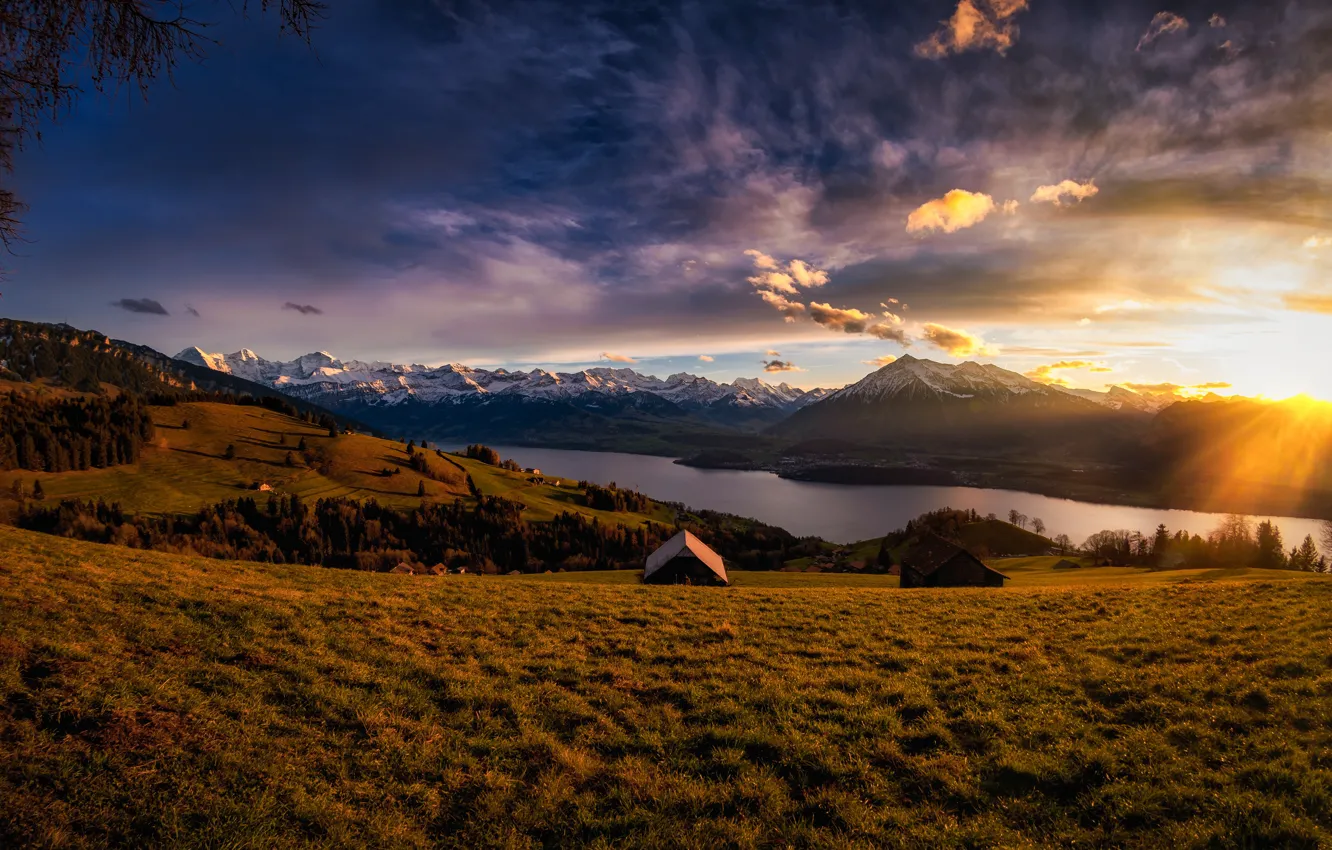 Photo wallpaper field, autumn, sunset, mountains, Alps, houses