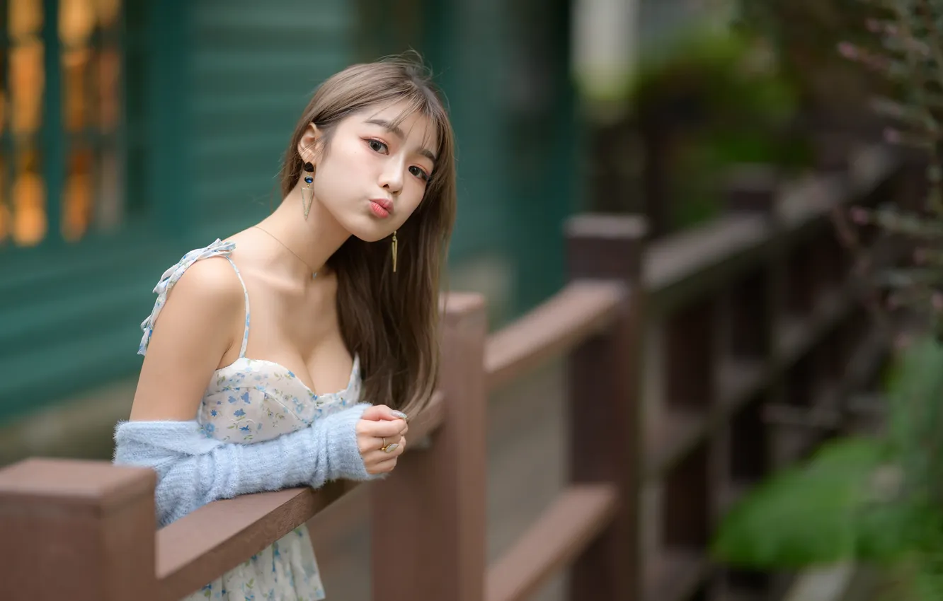 Photo wallpaper cleavage, long hair, dress, model, women, asian, dark hair, duckface