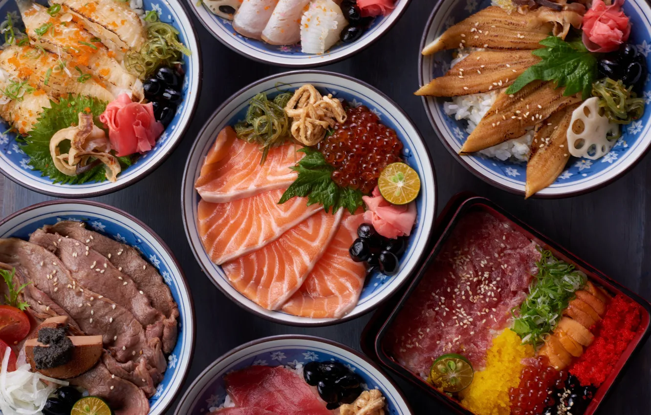 Photo wallpaper fish, caviar, salmon, cuts, tuna