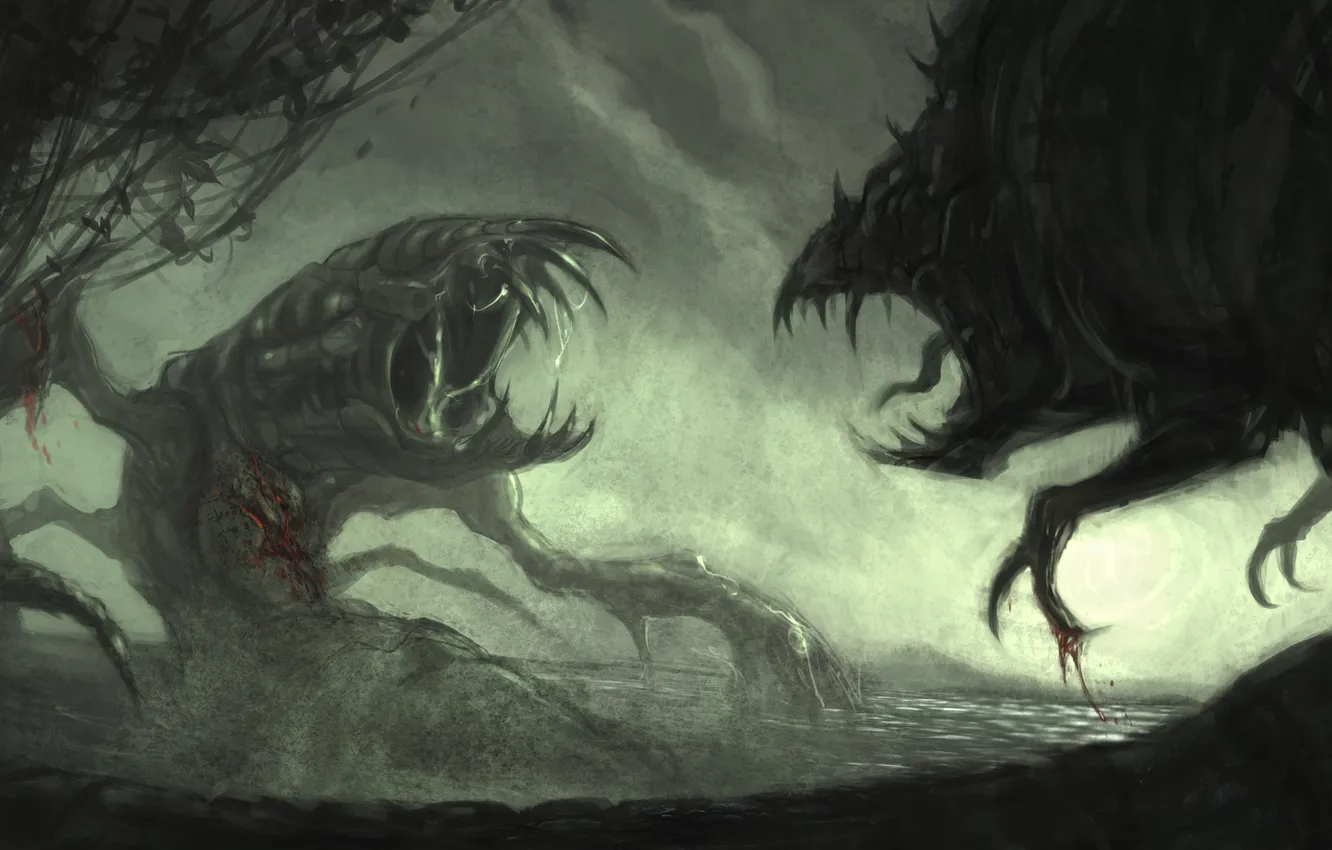 Photo wallpaper water, lake, blood, people, monster, art, battle, giant