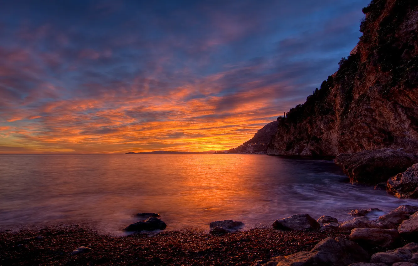 Photo wallpaper sea, the sky, sunset, stones, rocks, shore