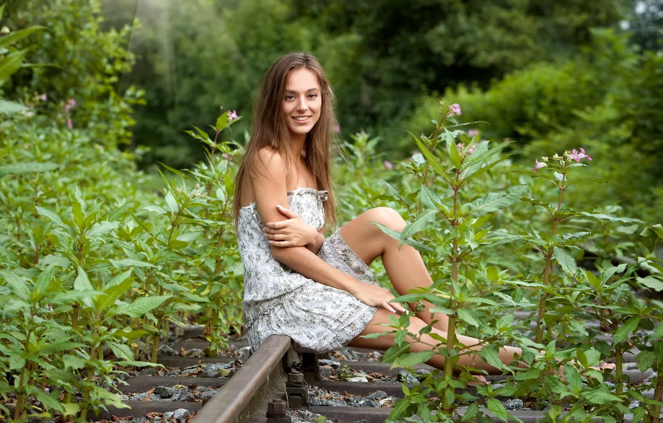 Photo wallpaper nature, smile, dress, beauty, sitting, Dominika Error Notification Is Sent, on the rails