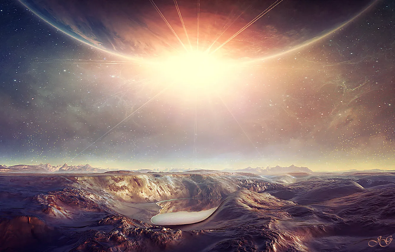 Photo wallpaper the sky, water, the sun, stars, fiction, bright light, planet