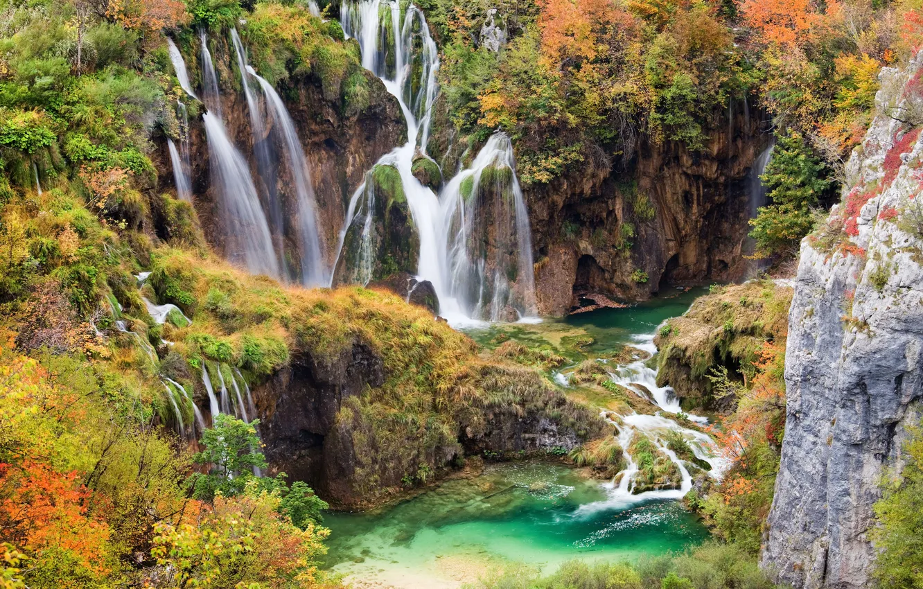 Photo wallpaper landscape, mountains, nature, waterfalls, cascade, Lazur, waterfall, Scenery