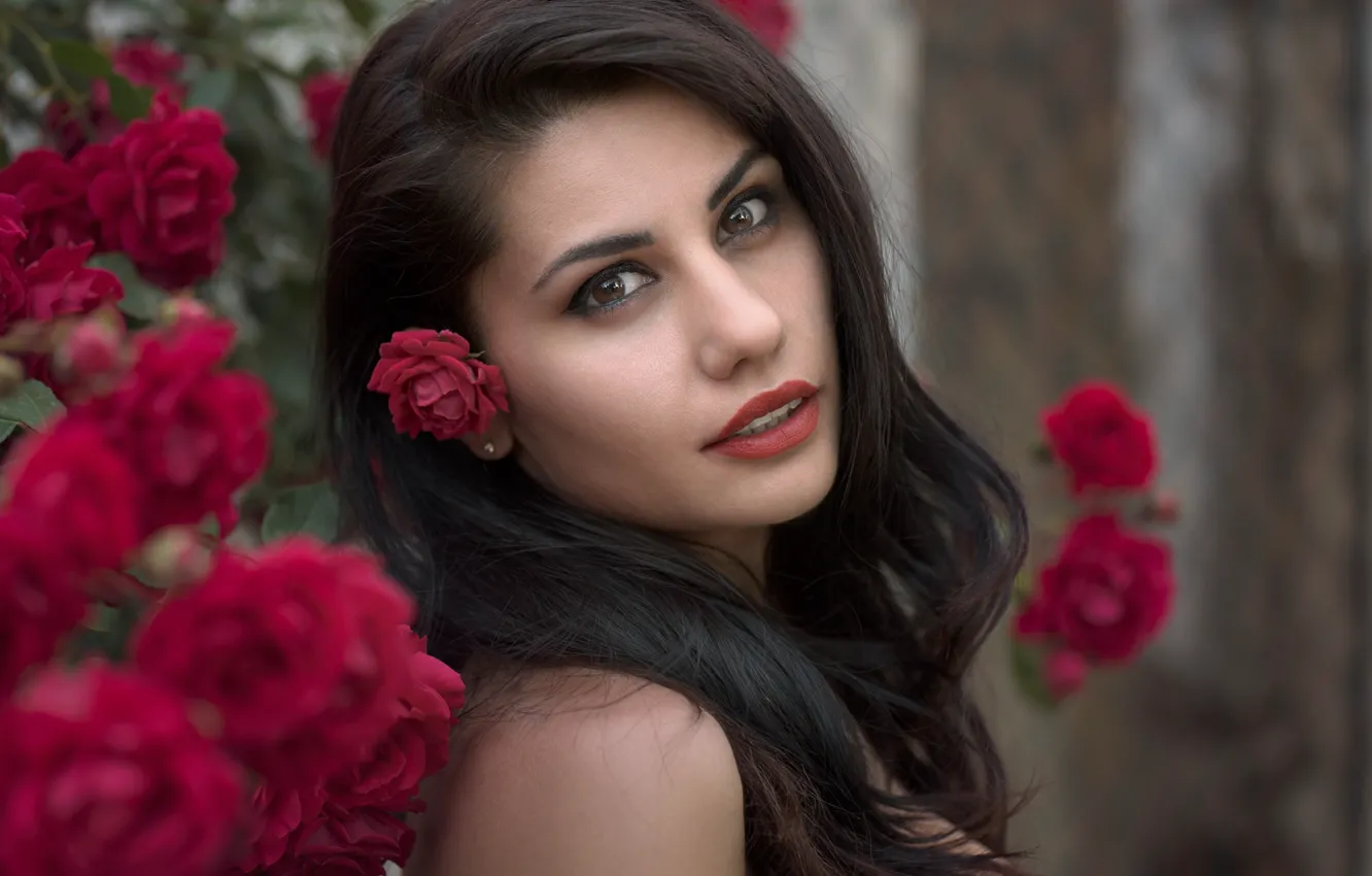 Photo wallpaper look, girl, flowers, portrait, brunette, Tanya Markova