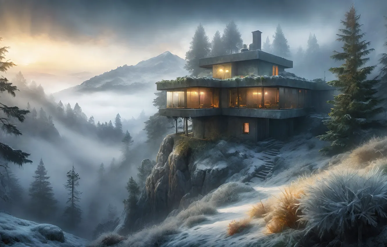 Photo wallpaper winter, forest, light, snow, mountains, fog, open, rocks