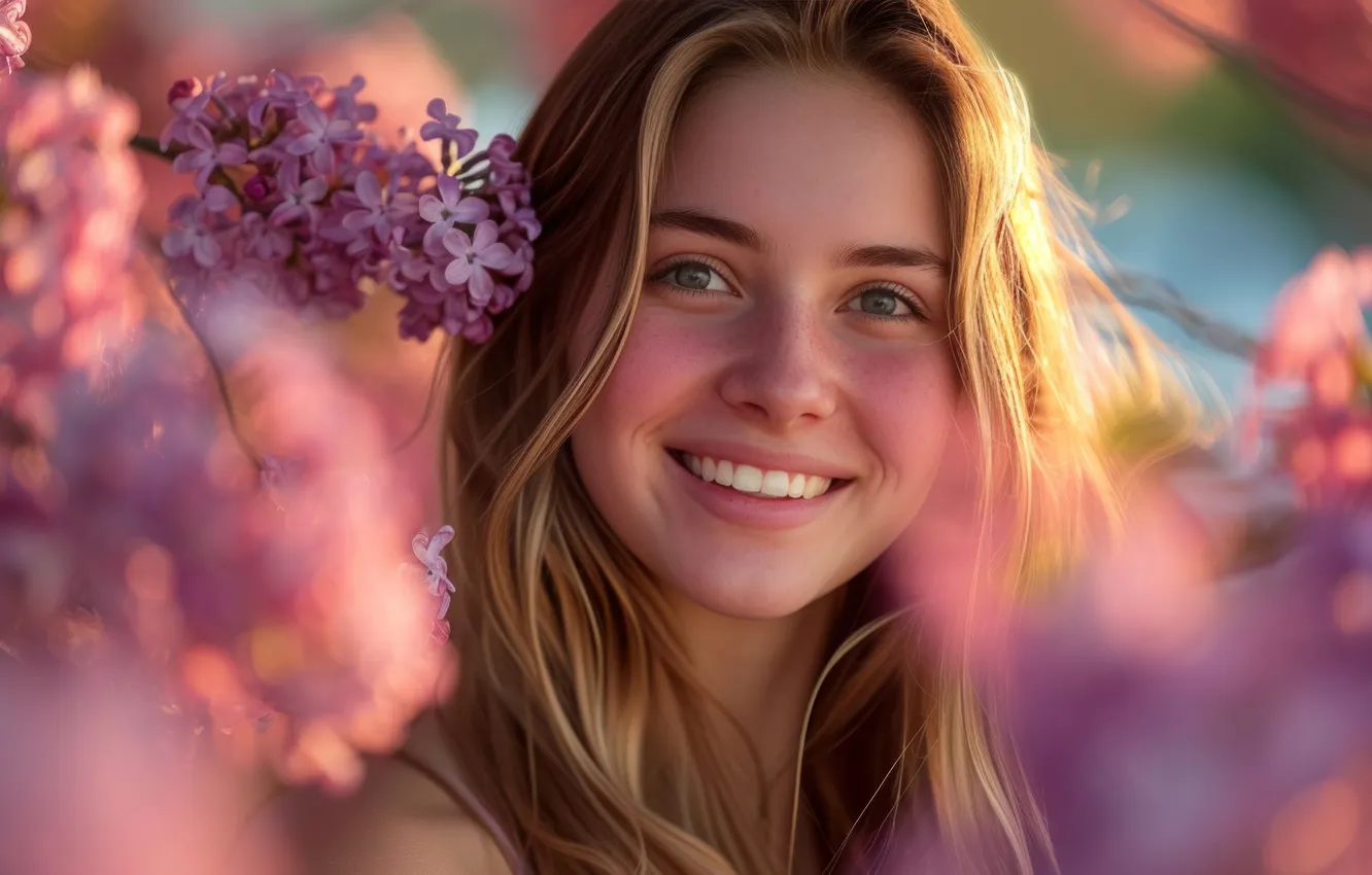 Photo wallpaper look, girl, light, flowers, face, smile, portrait, spring