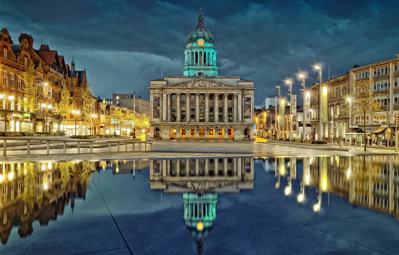 Photo wallpaper night, lights, reflection, England, home, area, Nottingham