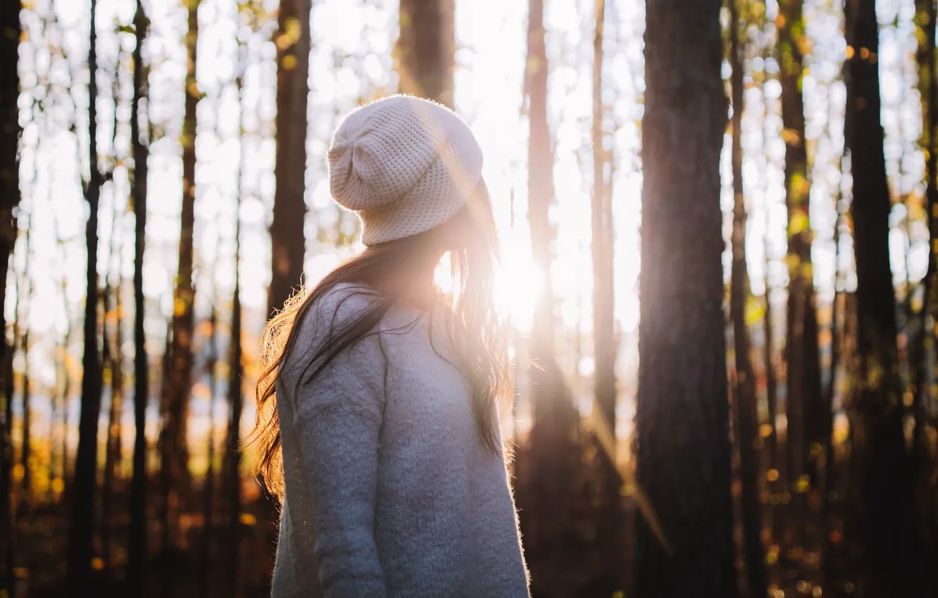 Photo wallpaper autumn, forest, girl, the sun, rays, trees, nature, looks