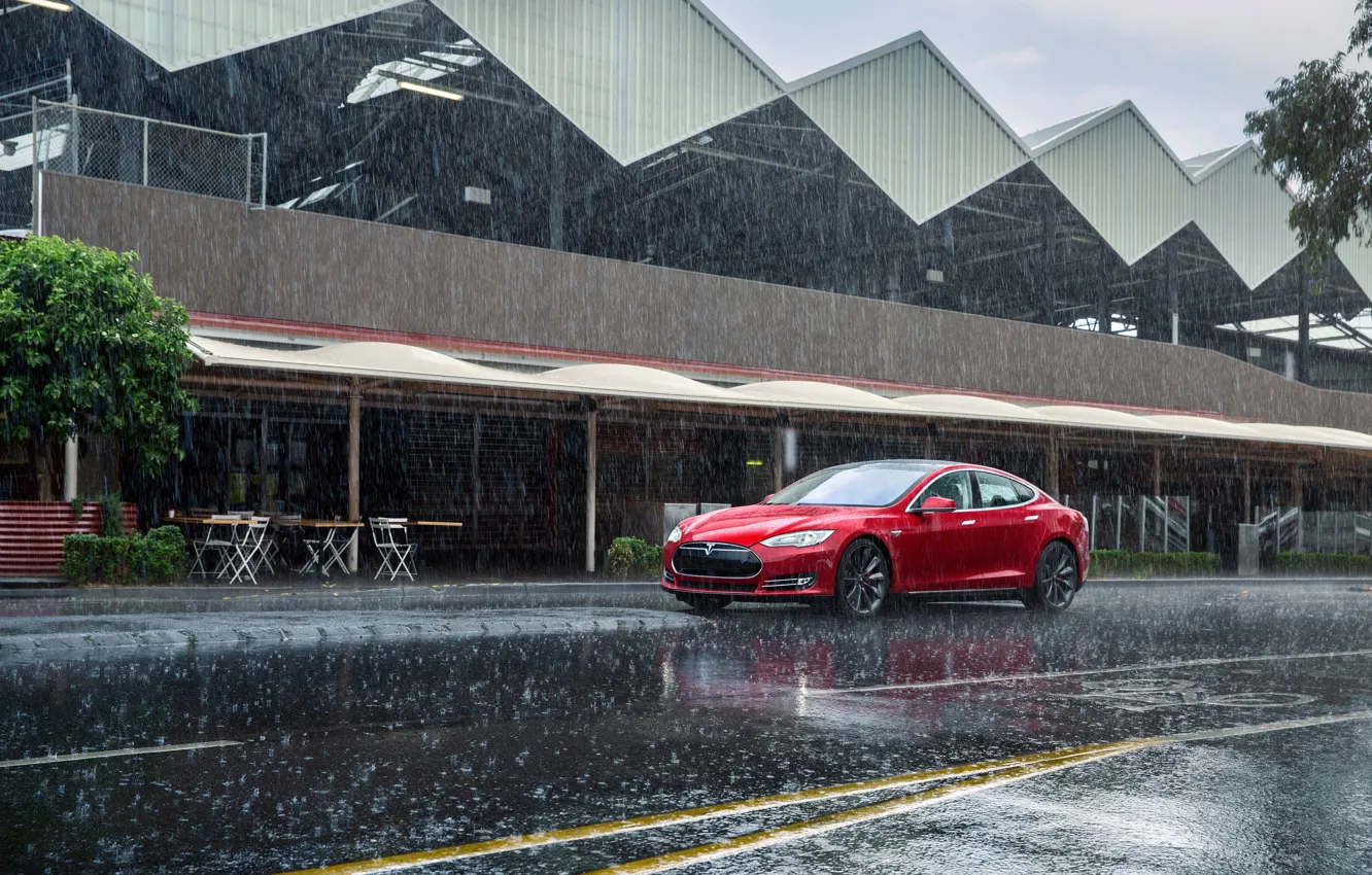 Photo wallpaper Red, Rain, Car, Model, Tesla, Motors, P85, 2012-14