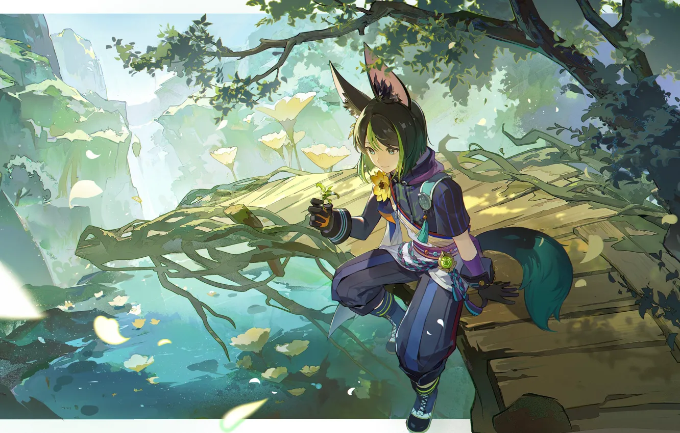 Photo wallpaper trees, mountains, bridge, guy, ears, Genshin Impact, Tighnari