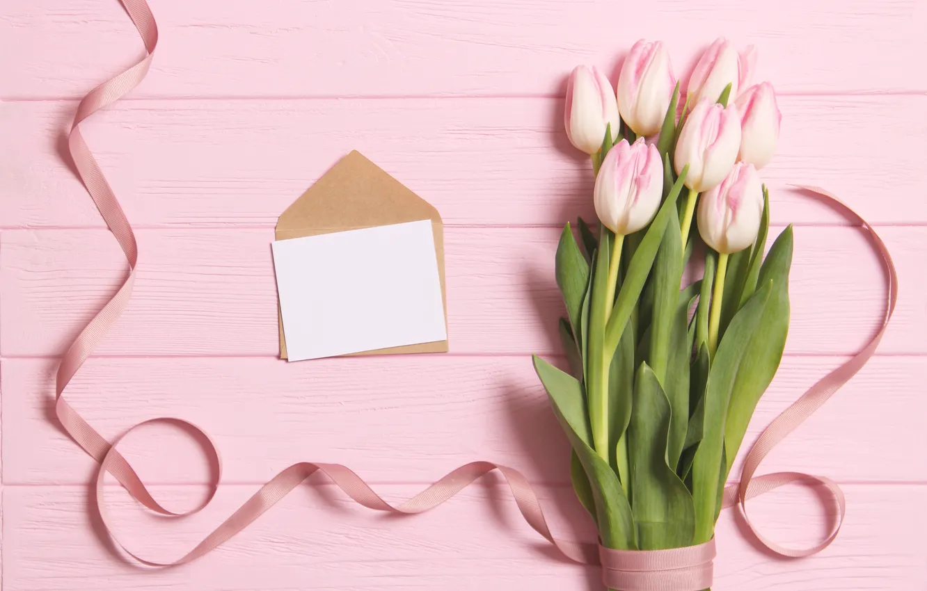 Photo wallpaper flowers, bouquet, tulips, pink, wood, pink, flowers, beautiful