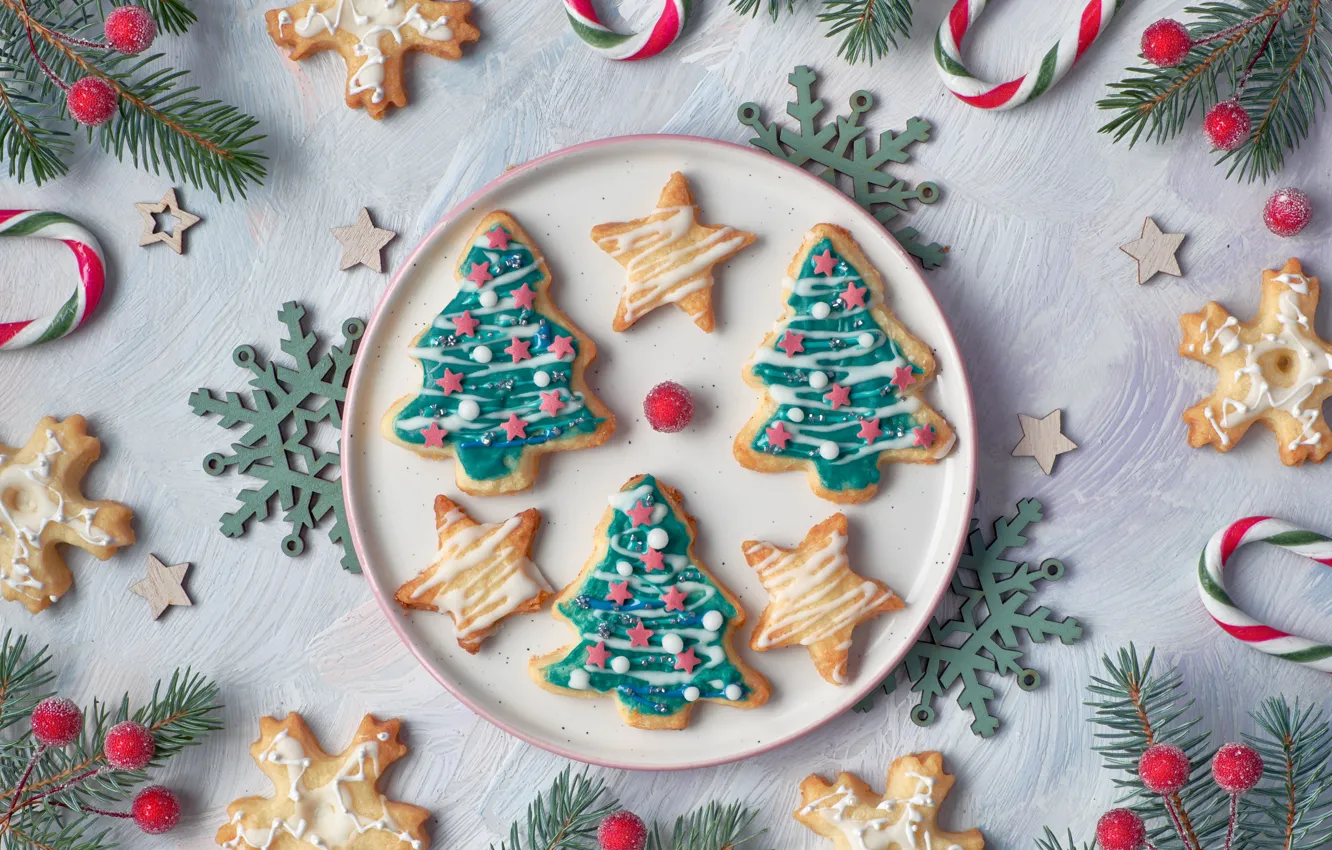 Photo wallpaper tree, Christmas, cookies, decoration, tray
