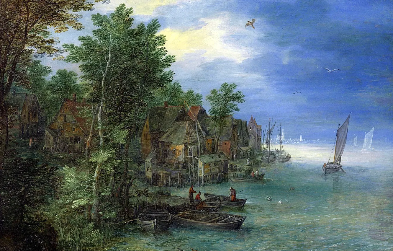 Photo wallpaper landscape, picture, Jan Brueghel the elder, Village on the Banks of the River
