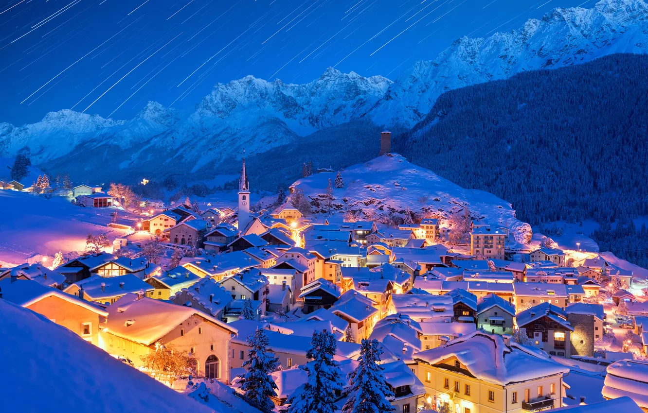 Photo wallpaper winter, snow, night, Switzerland, Star Trails, town, Switzerland, Starfall