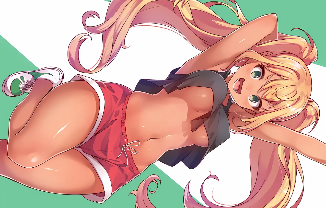 Photo wallpaper girl, sexy, shorts, green eyes, long hair, legs, boobs, anime