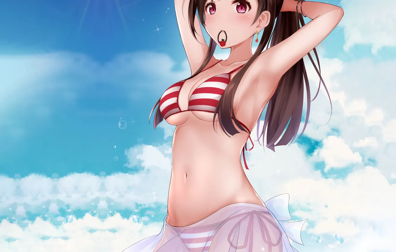 Photo wallpaper girl, sexy, cleavage, long hair, sea, boobs, anime, water