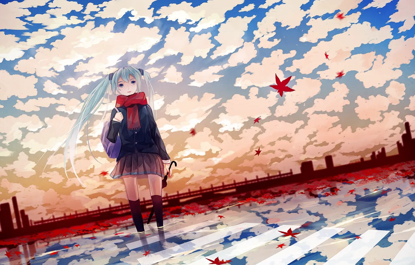 Photo wallpaper autumn, umbrella, anime, girl, leaves, Vocaloid, anime, Miku
