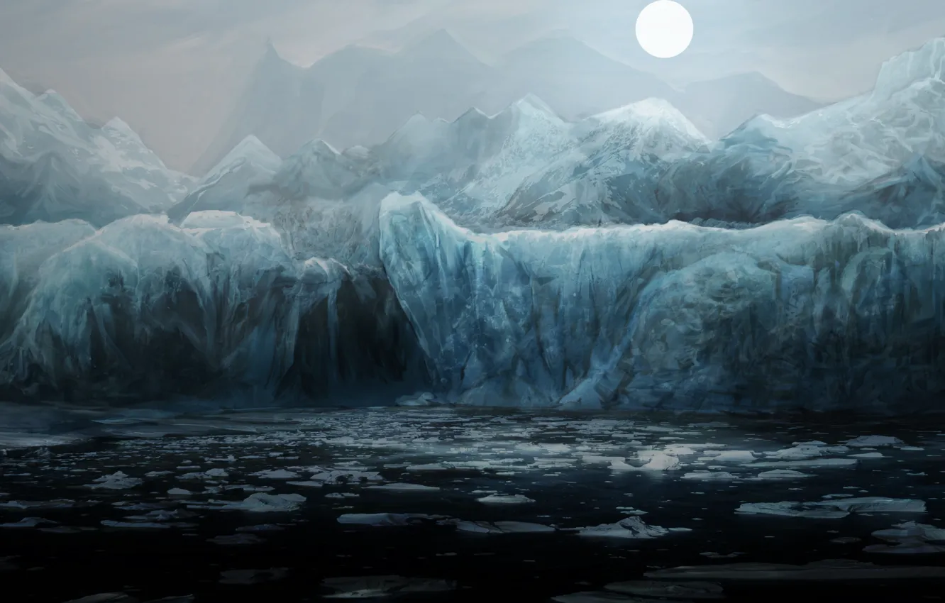 Photo wallpaper cold, sea, water, mountains, night, the ocean, the moon, ice