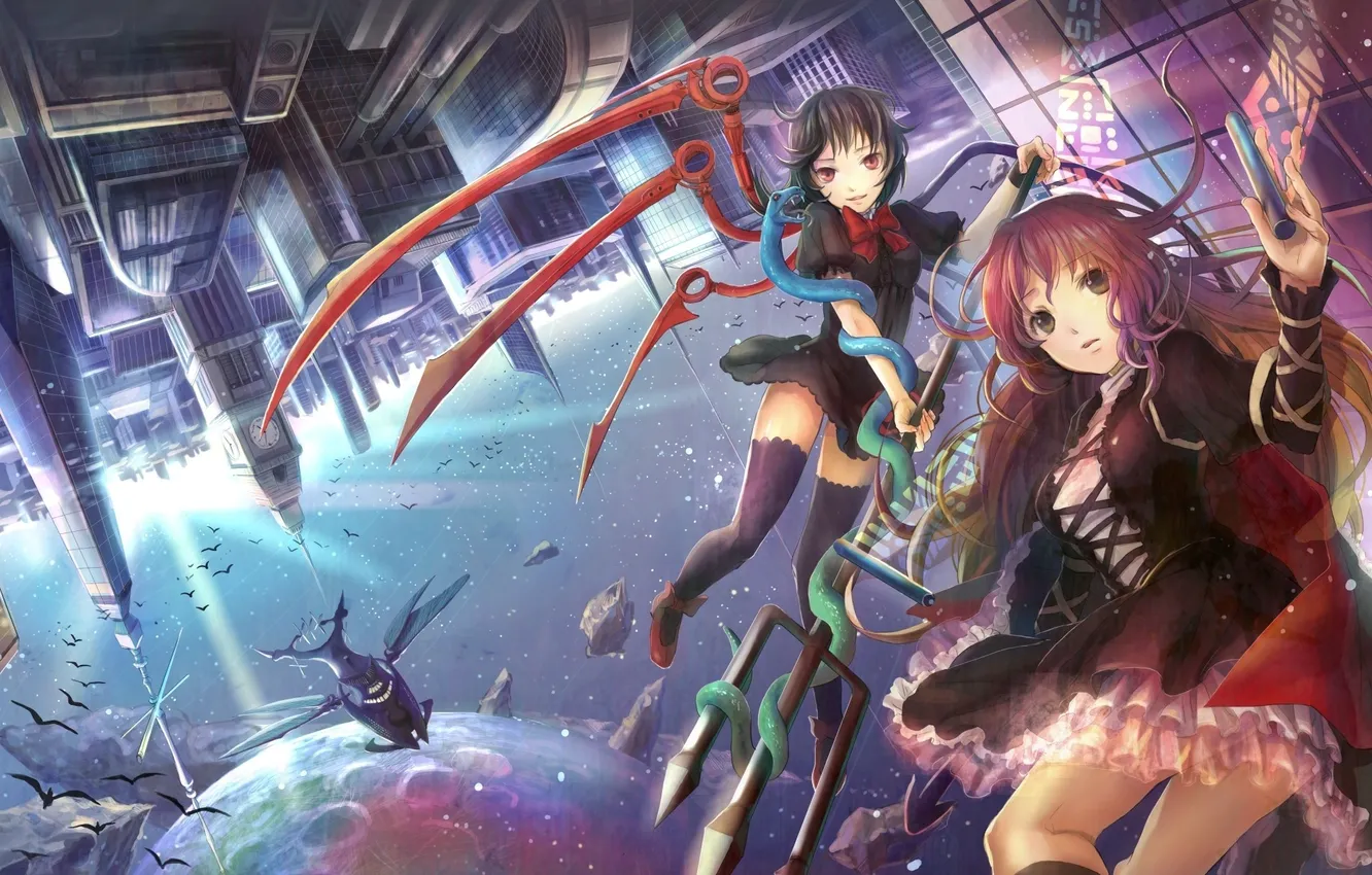 Photo wallpaper girl, the city, the moon, anime, Trident, fuji choko