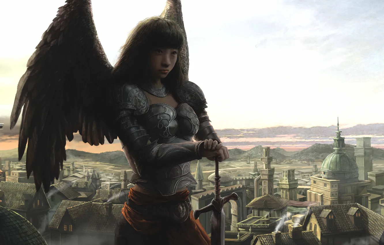 Photo wallpaper girl, the city, wings, angel, sword, art, armor