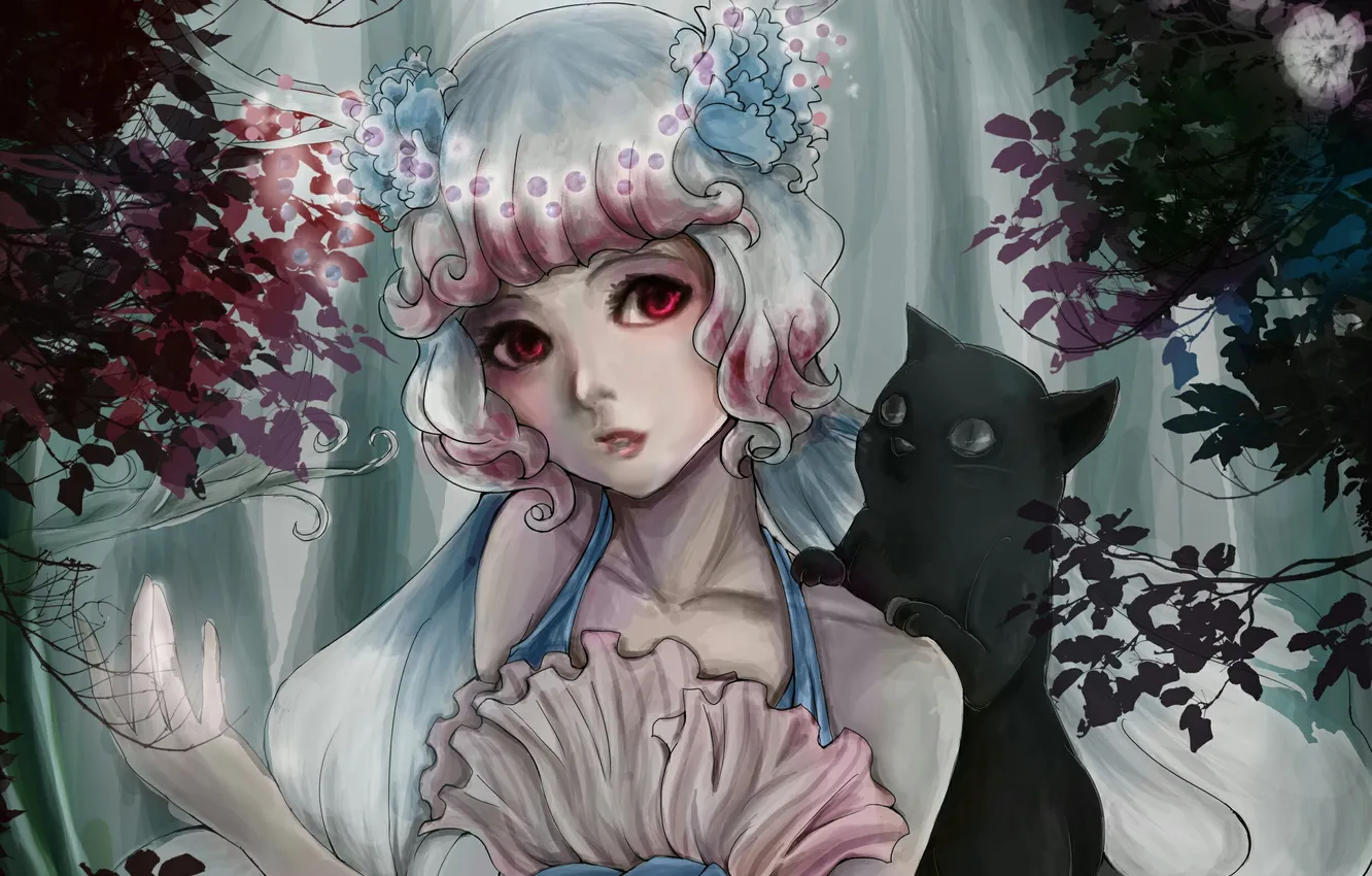 Photo wallpaper forest, cat, trees, flowers, black, girl