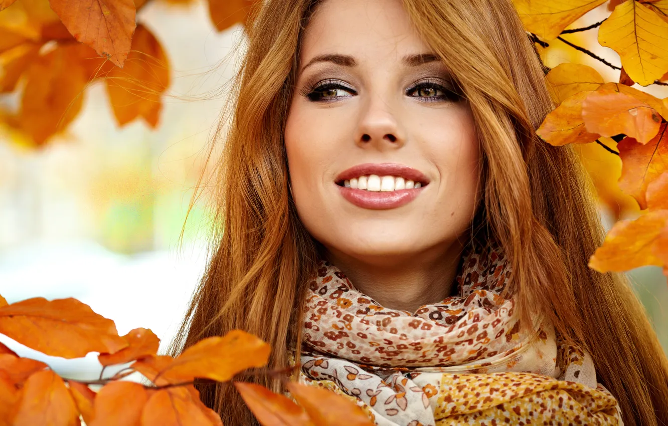 Photo wallpaper autumn, leaves, girl, smile, brown hair, coat