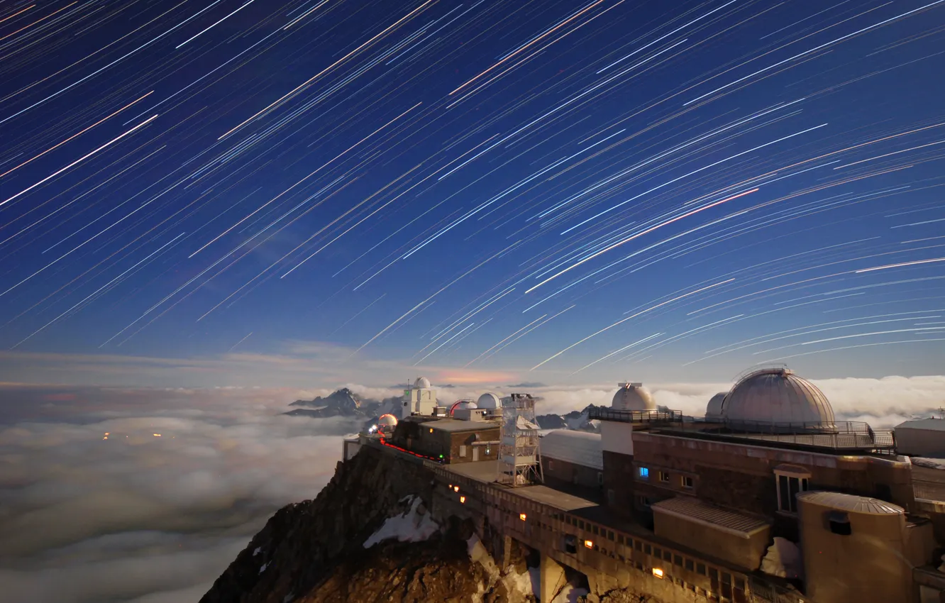 Photo wallpaper the sky, stars, clouds, mountains, Observatory