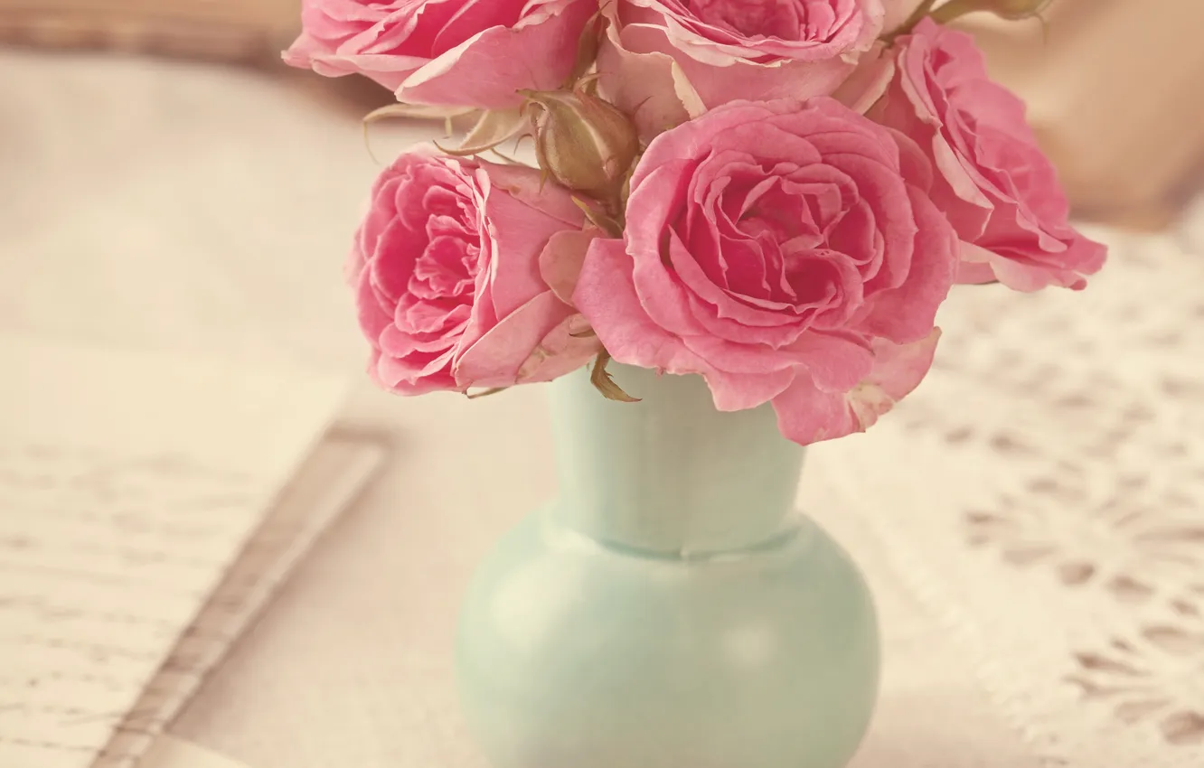 Photo wallpaper roses, bouquet, vase, vintage, flower, style, pink, vintage