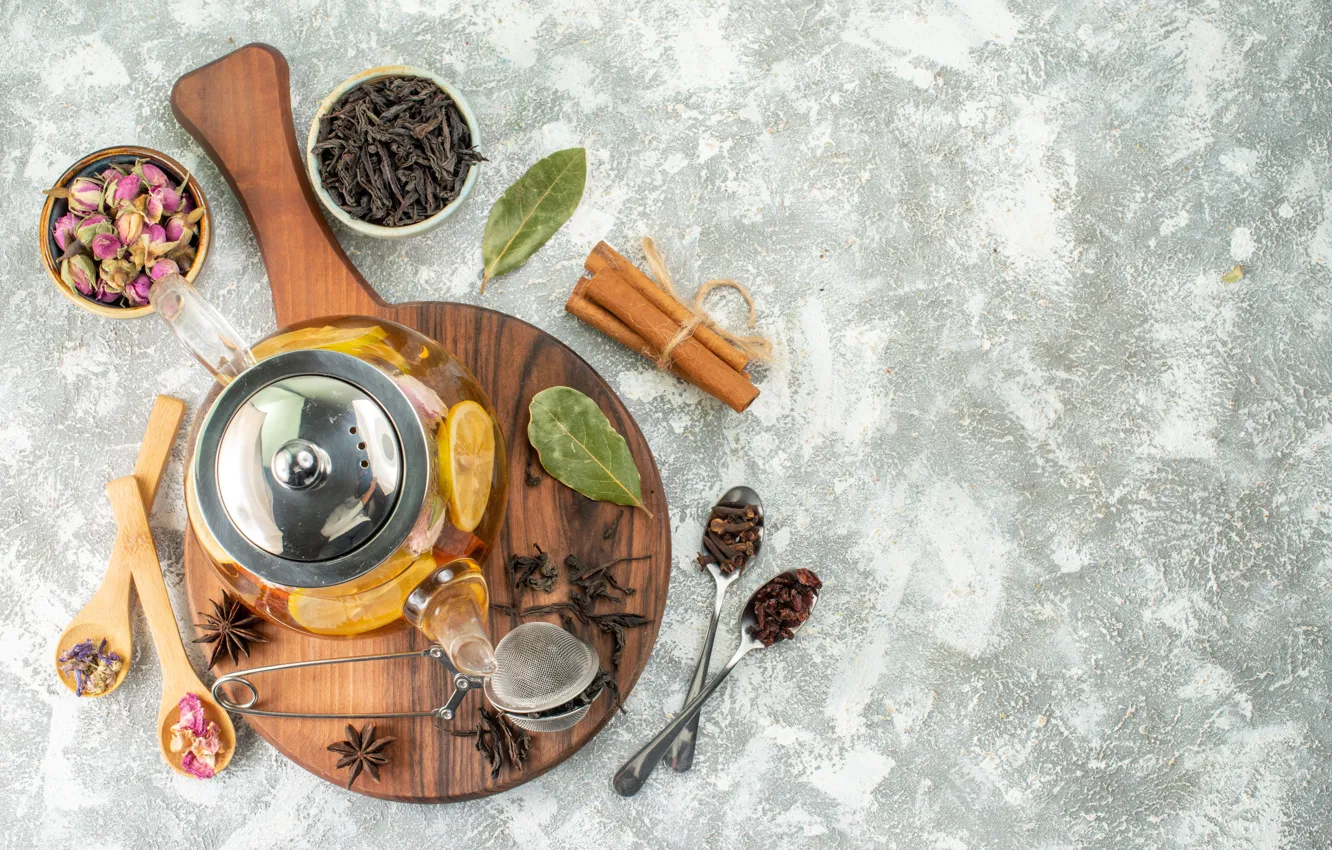 Photo wallpaper leaves, flowers, table, lemon, tea, kettle, spoon, the tea party