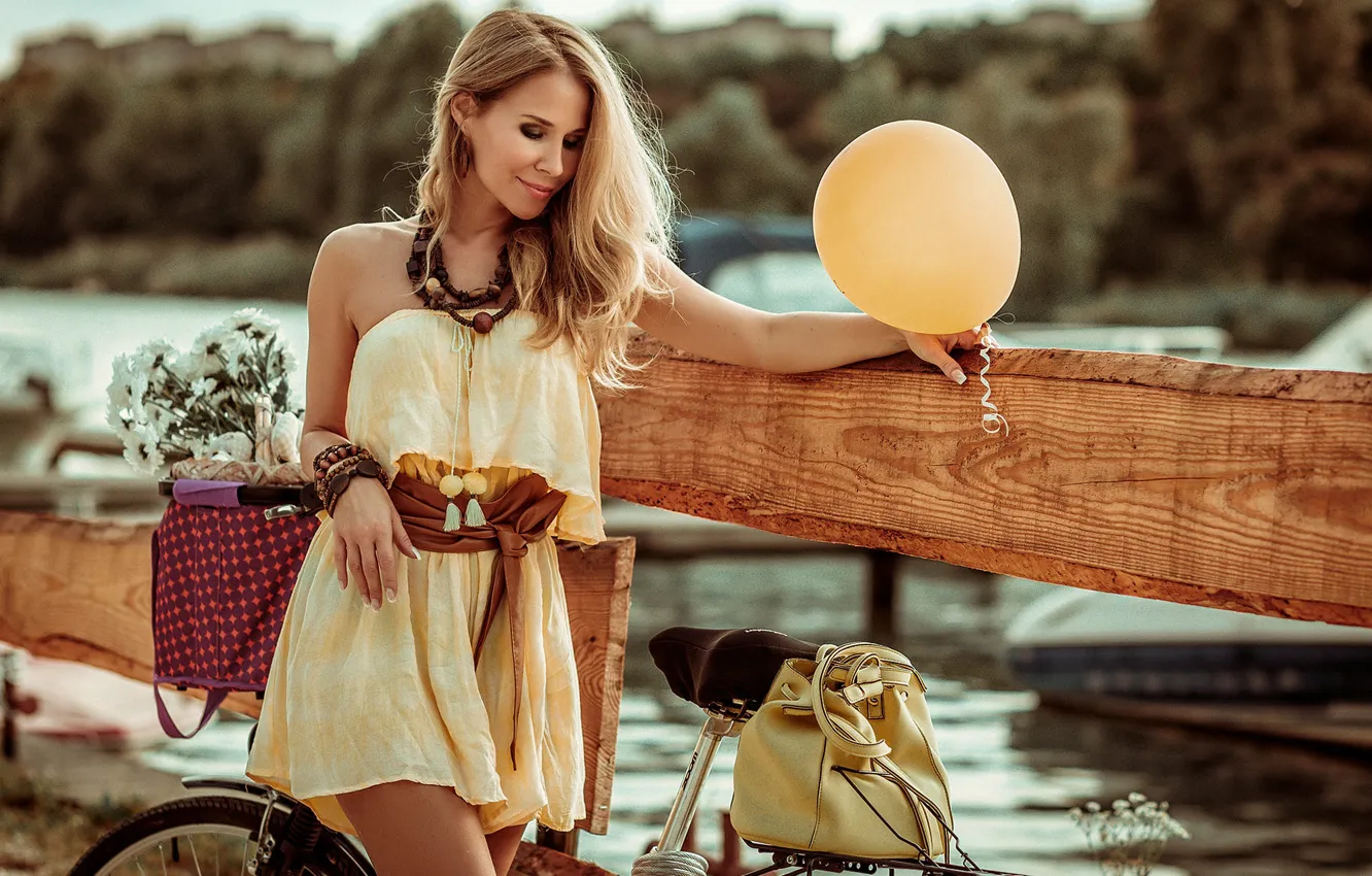 Photo wallpaper girl, decoration, flowers, bike, dress, blonde, beads, bracelet
