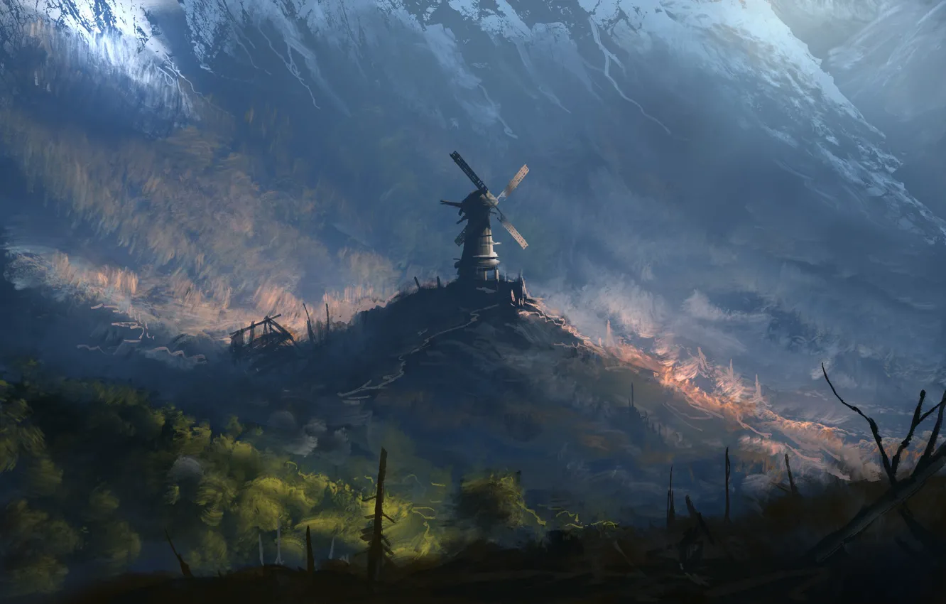 Photo wallpaper Mountains, Mill, Forest, Fantasy, Landscape, Art, Art, Windmill