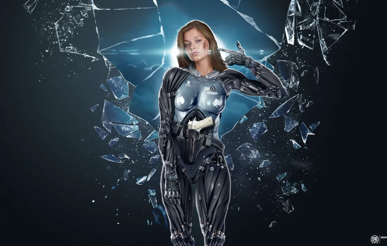 Photo wallpaper girl, fragments, glare, weapons, blood, cyborg, grey background, photo manipulation