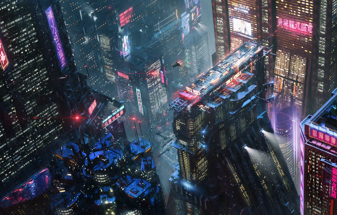 Photo wallpaper night, city, the city, future, fiction, rain, skyscrapers, neon