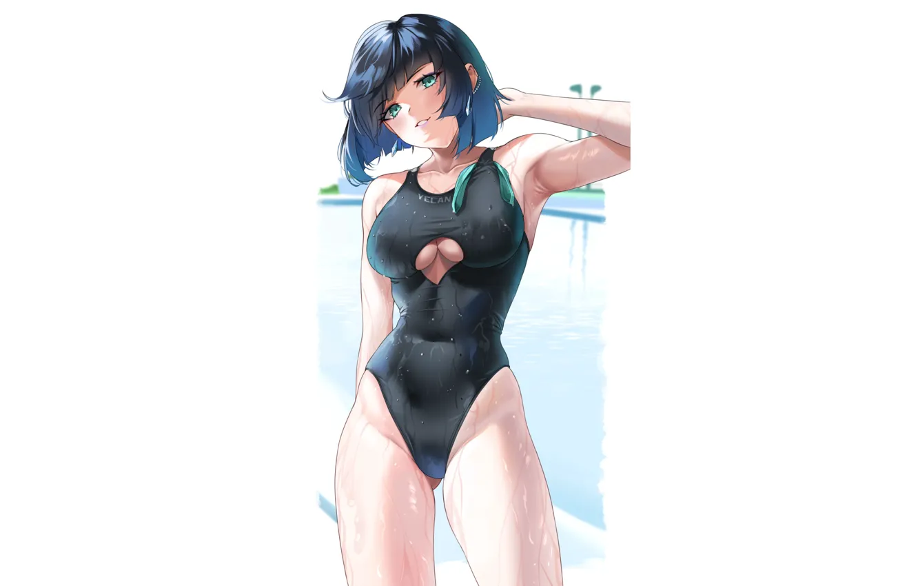 Photo wallpaper girl, hot, sexy, wet, blue, anime, short hair, pretty