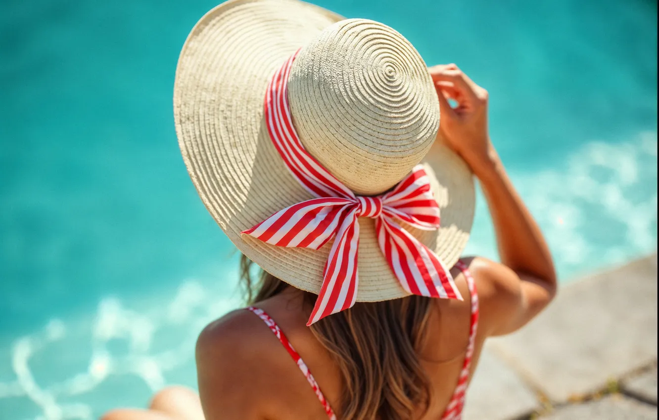 Photo wallpaper neural network, pose, hat, sea, back, girl, AI art