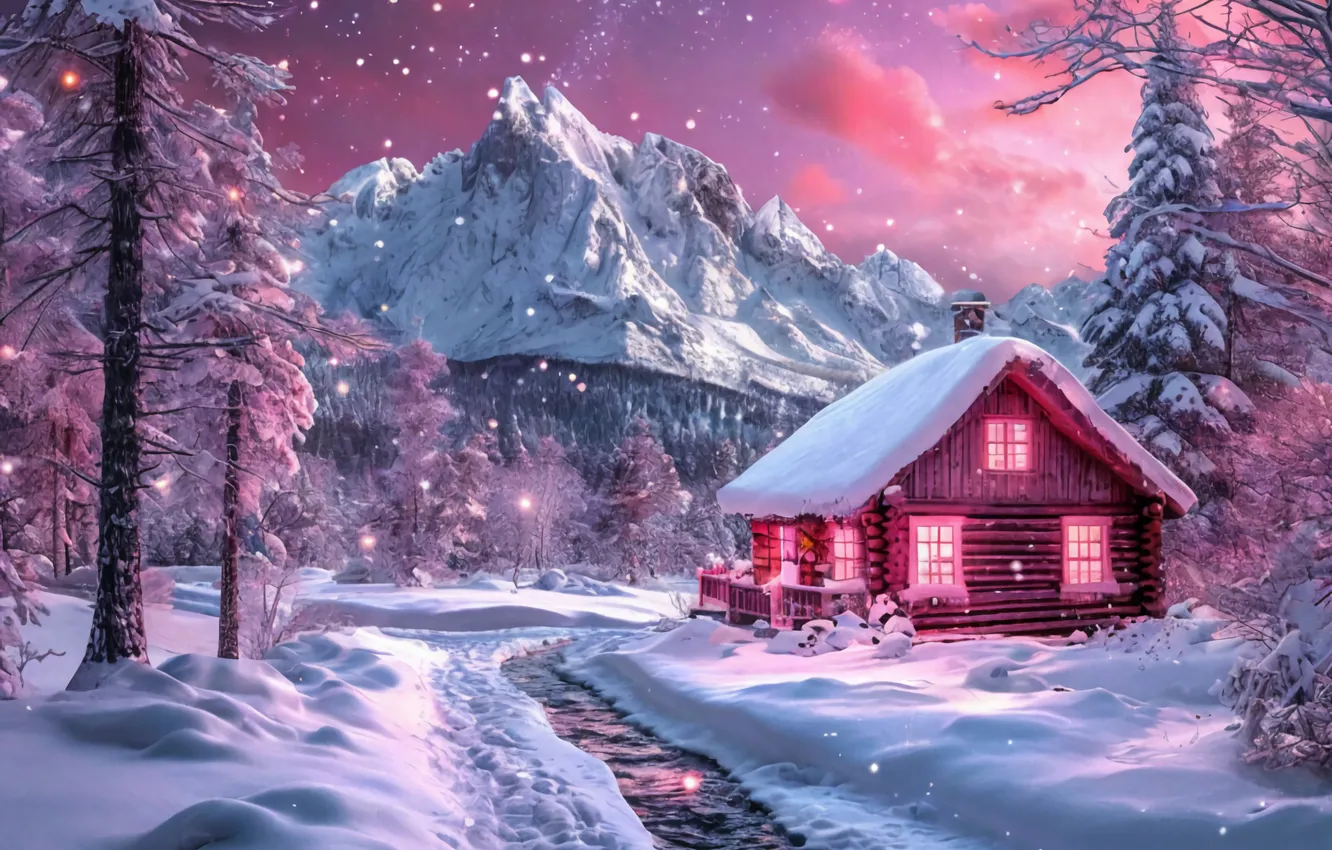 Photo wallpaper winter, village, pink, neural network