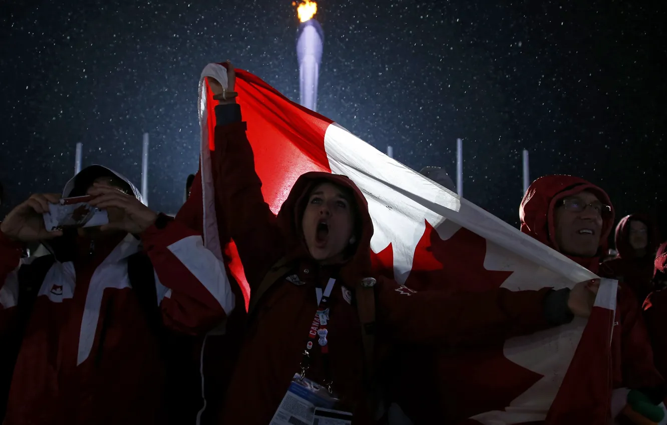 Photo wallpaper fire, flag, Canada, torch, Canada, fans, fans, flag