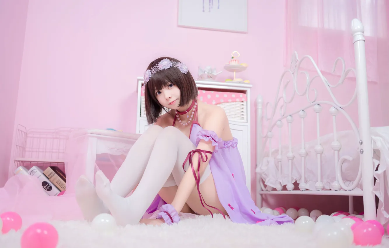 Photo wallpaper balls, room, pink, Asian, cosplay, cute girl, white stockings, sitting on the floor
