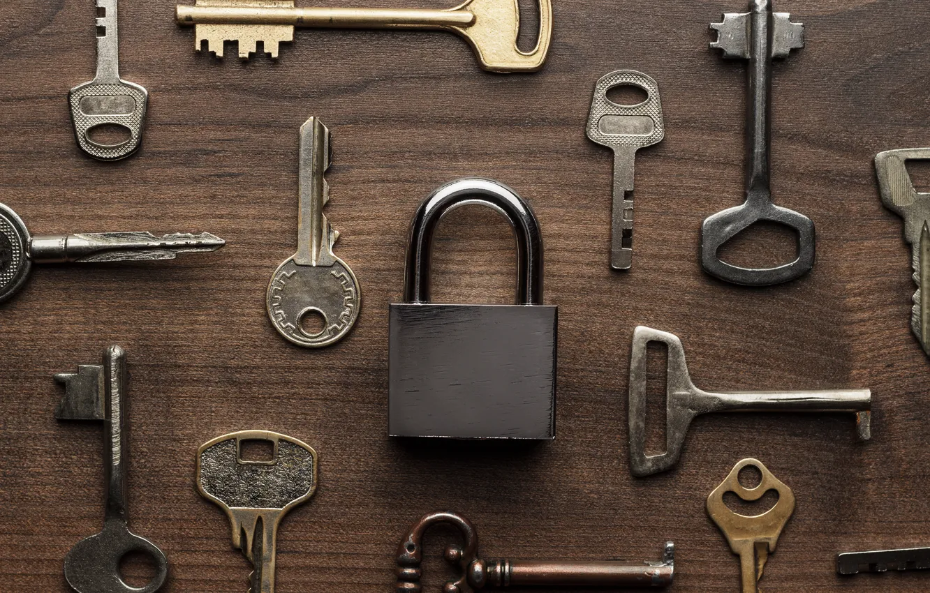 Photo wallpaper metal, wood, key, lock, locksmith