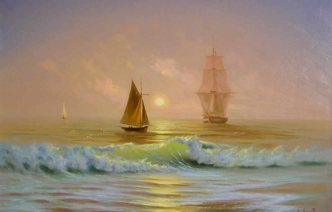 Photo wallpaper sea, the sun, dawn, wave, ship, beauty, picture, boats