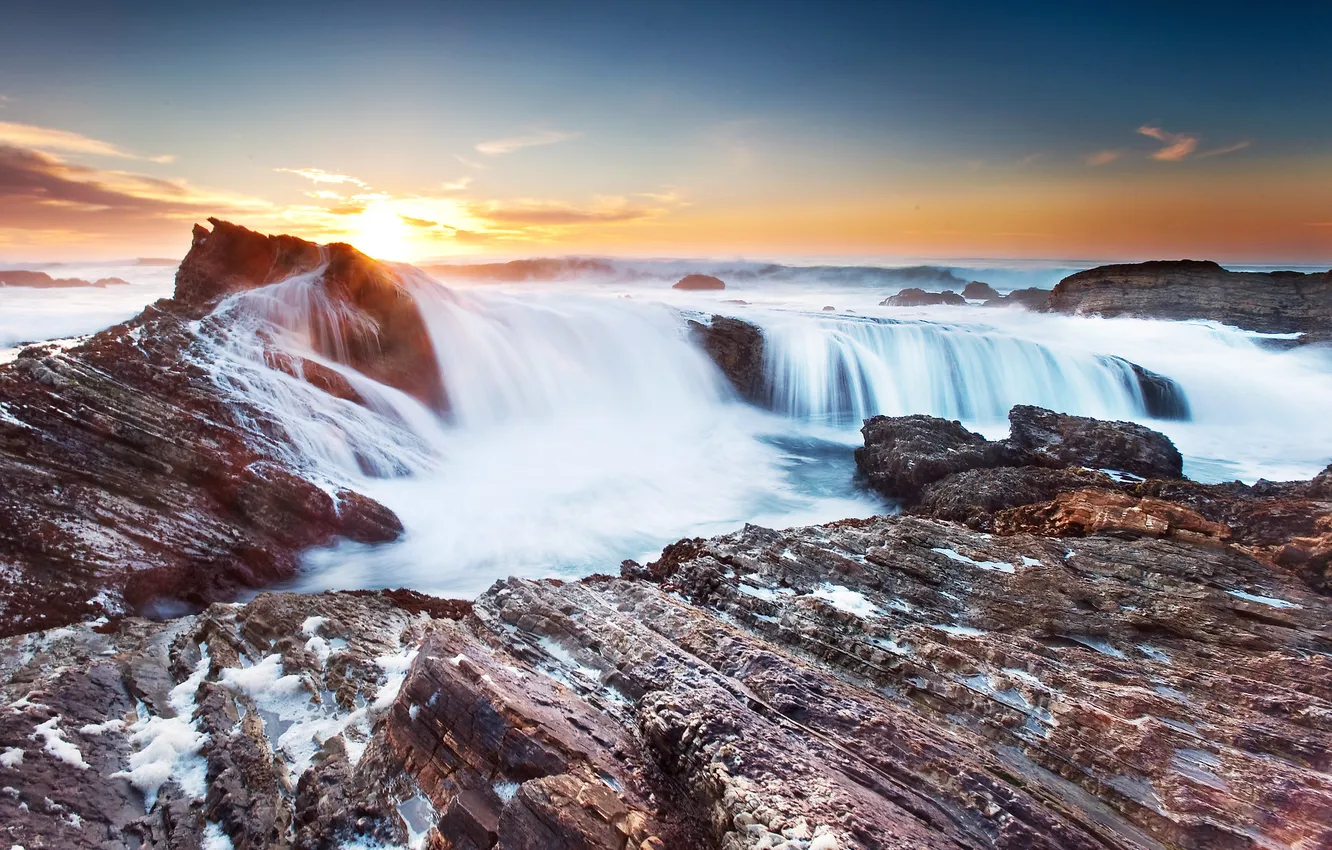Photo wallpaper sea, the sun, rocks, waterfall, stream