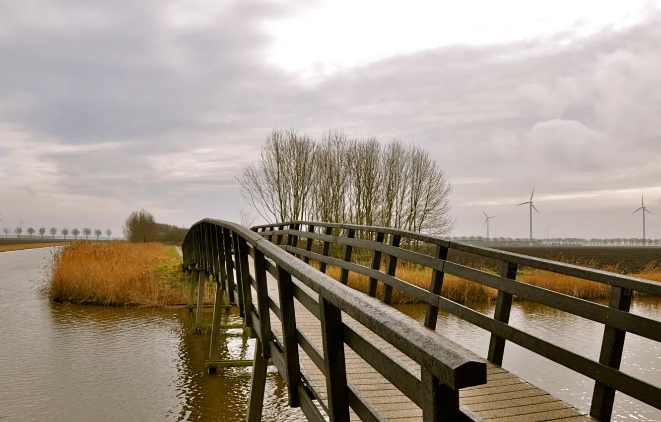 Photo wallpaper autumn, the sky, clouds, trees, bridge, mill, channel, the bridge