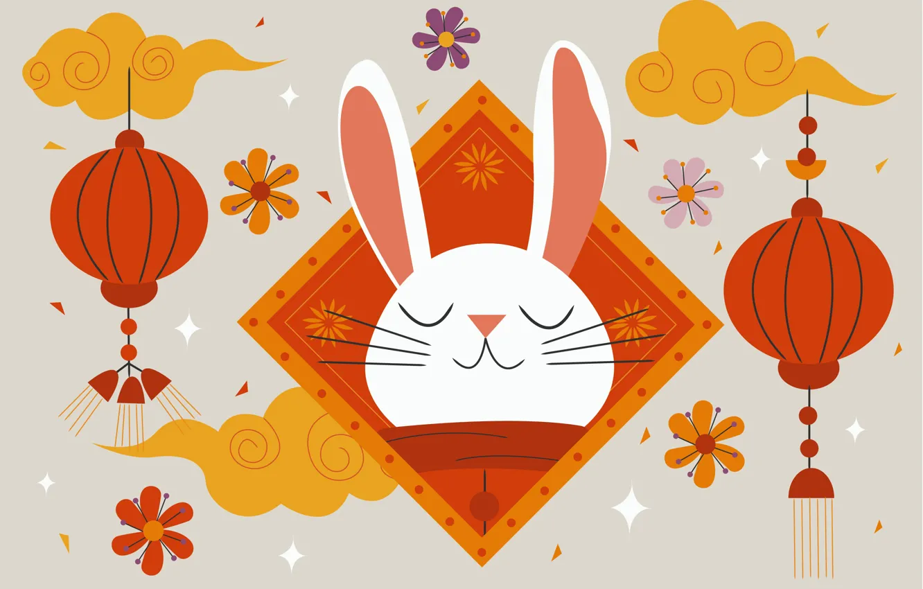 Photo wallpaper white, clouds, new year, hare, squares, rabbit, muzzle, flashlight