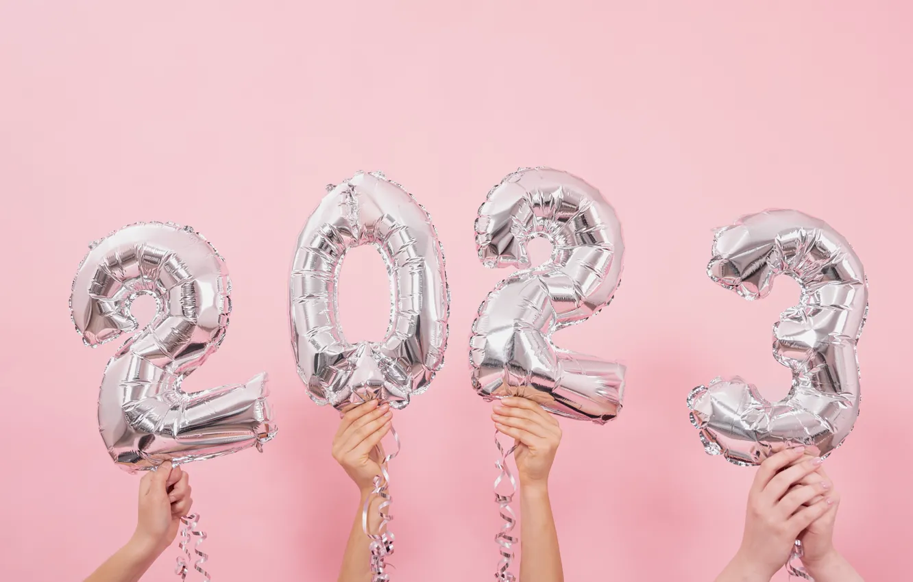 Photo wallpaper new year, hands, Christmas, figures, pink background, date, inflatable, 2023