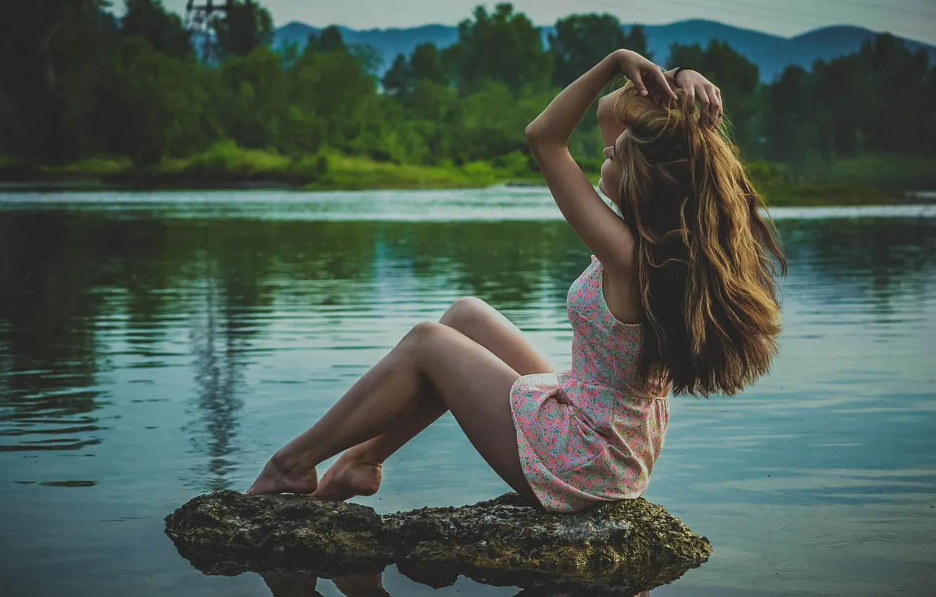 Photo wallpaper greens, forest, nature, lake, stones, mood, hair, dal