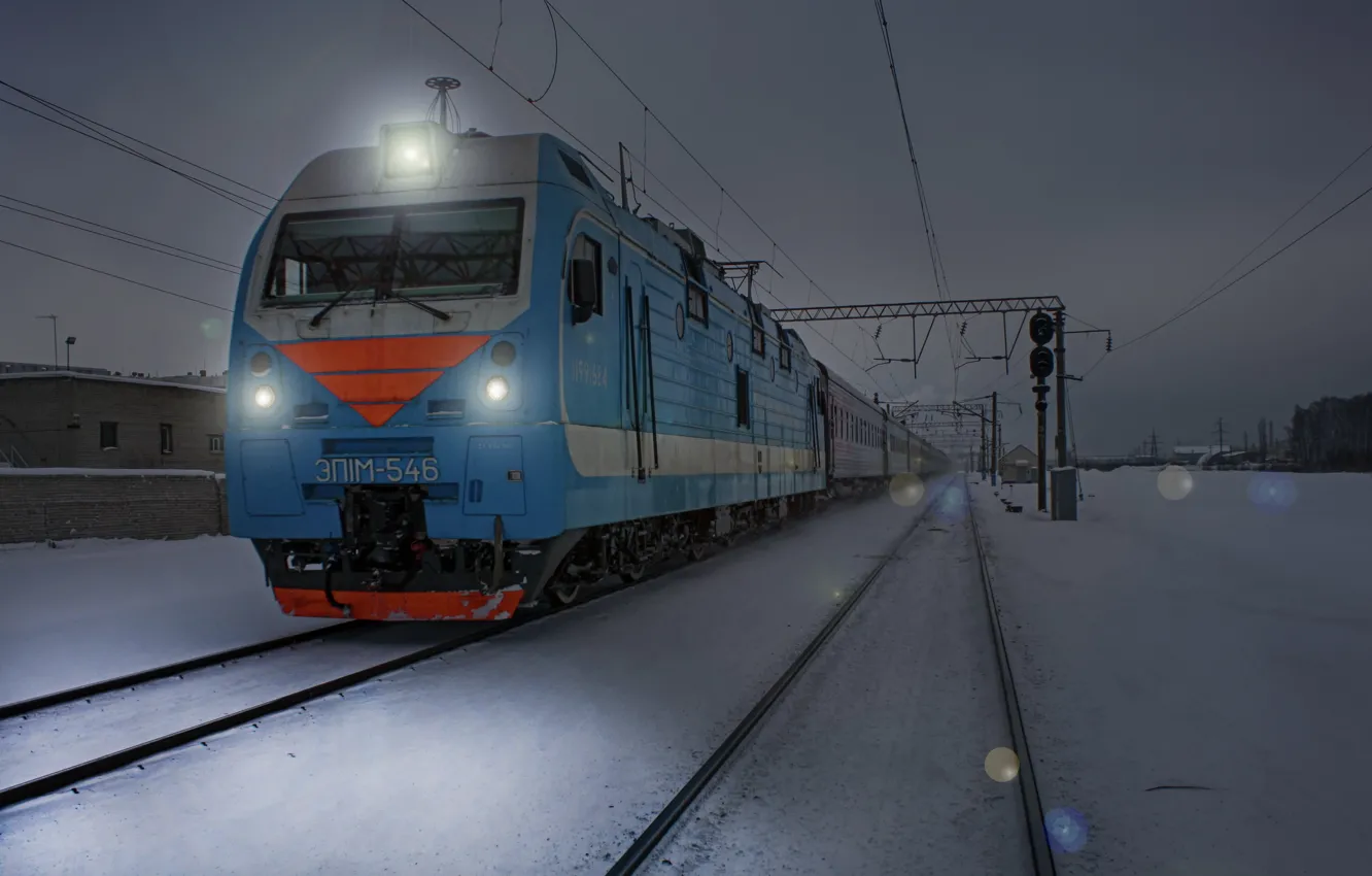 Photo wallpaper winter, night, lights, Train