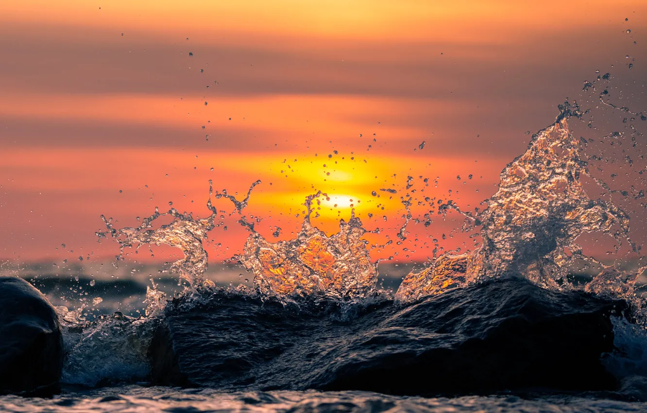 Photo wallpaper waves, sea, nature, sunset, sun