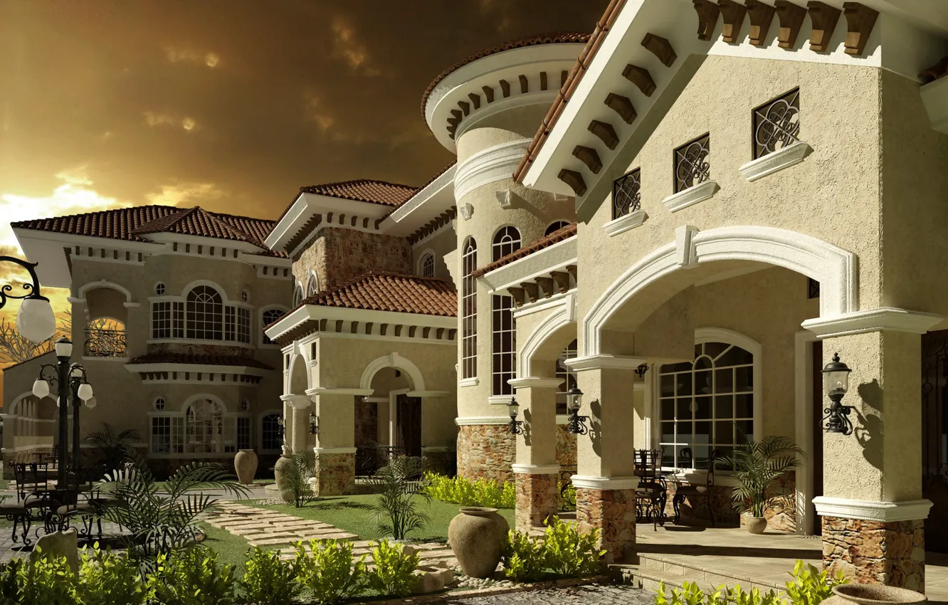 Photo wallpaper design, vegetation, home, yard, SPANISH VILLA